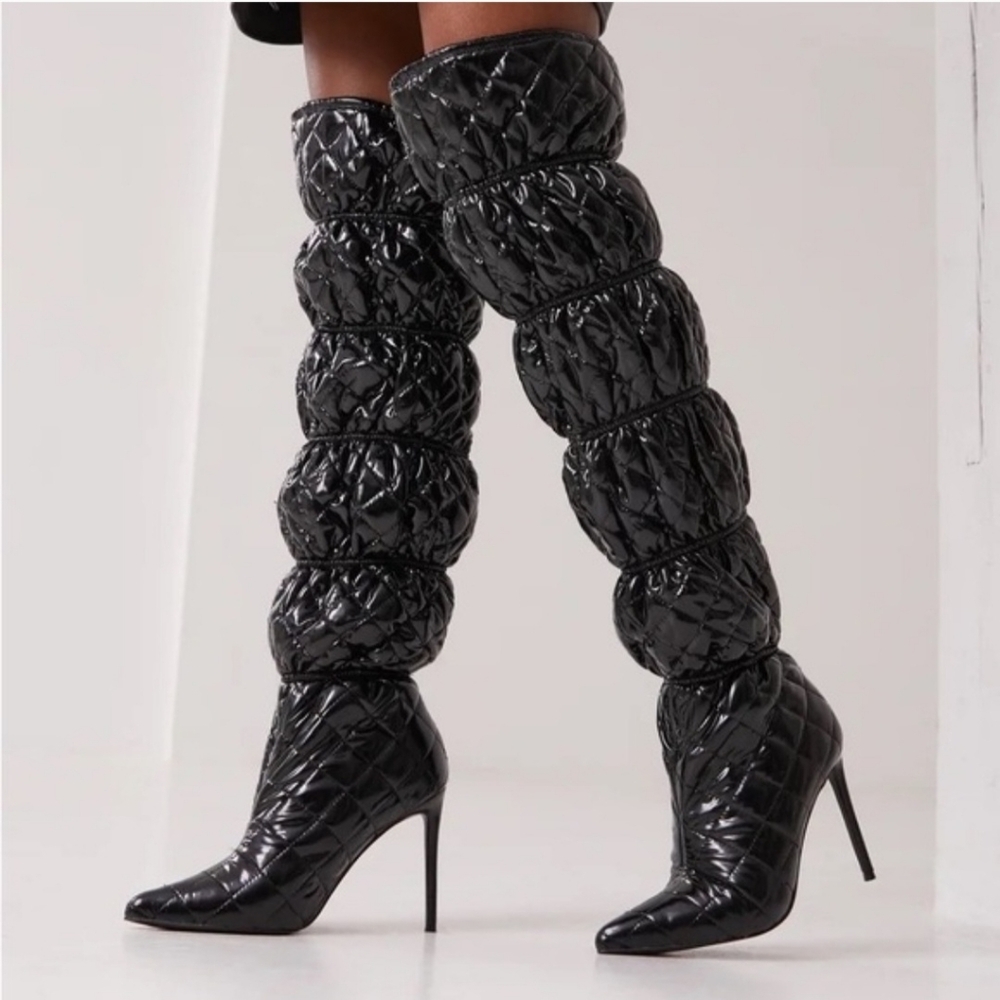 Steve Madden Black Boots Silhouette Quilted Faux Patent Leather Knee High 7.5